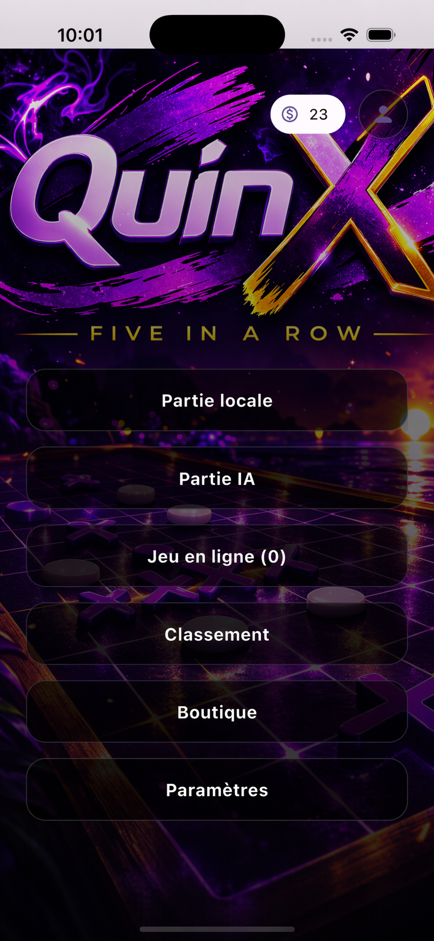 QuinX game menu screenshot